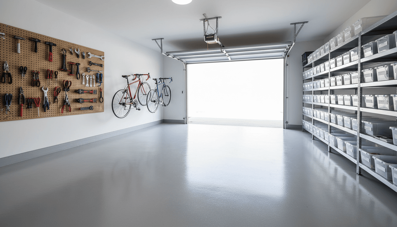 Same garage after cleaning with organized shelves and clear floor space