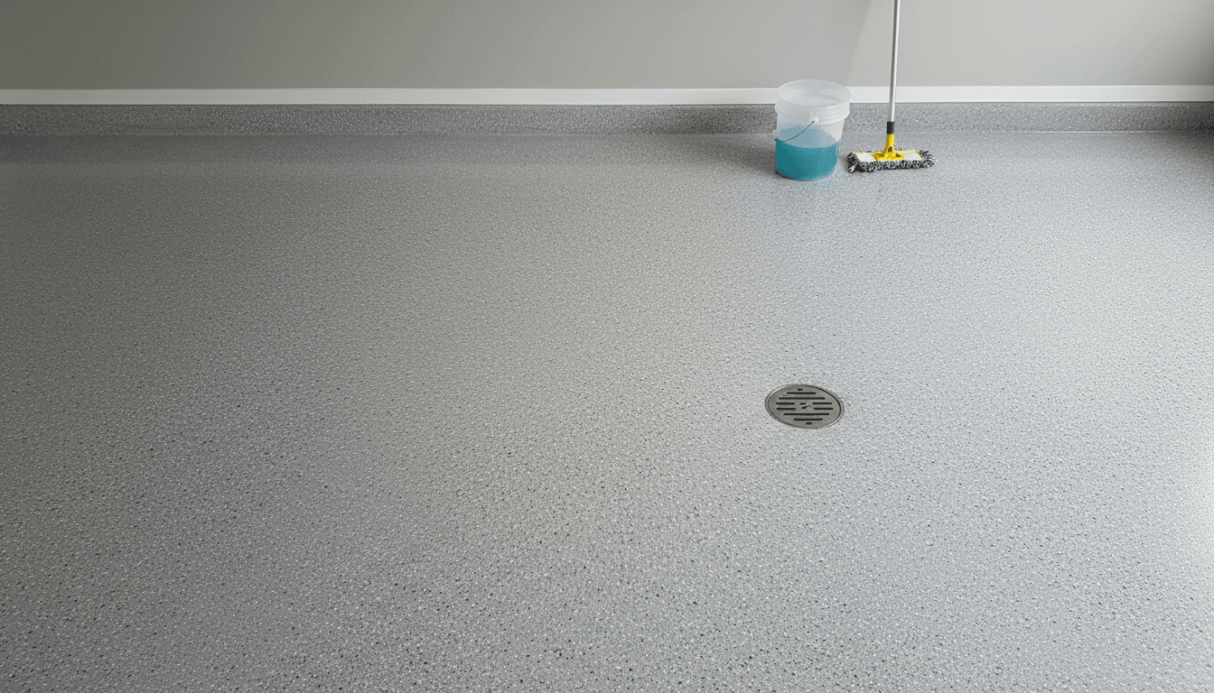 Treated garage floor with clean sealed concrete and bucket