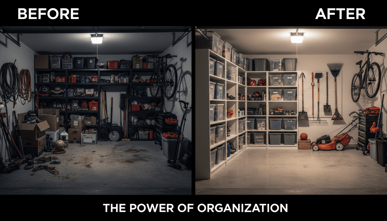 Before-and-after comparison of a garage transformation from cluttered to organized