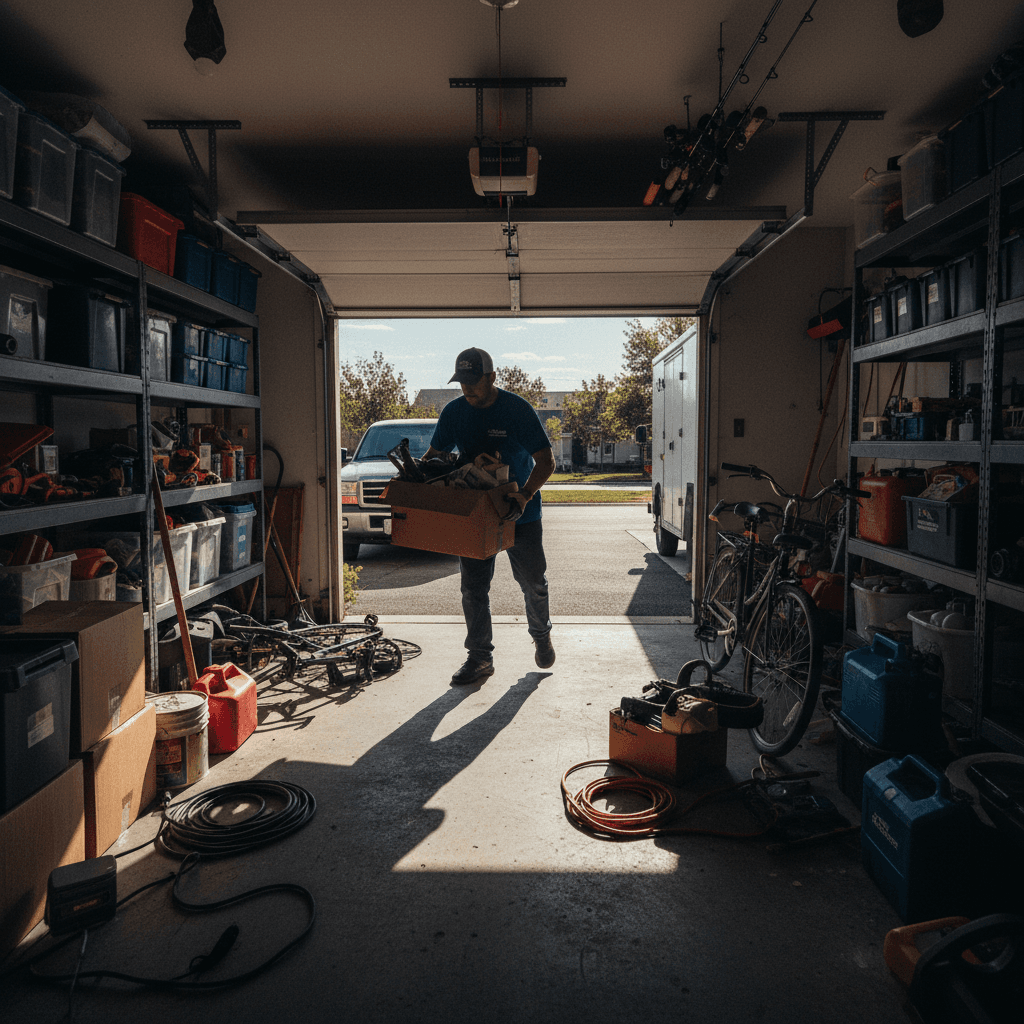 Team member removing items from cluttered garage during deep clean