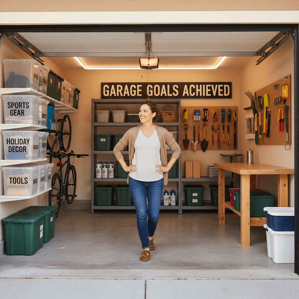 Homeowner enjoying their newly transformed and organized garage