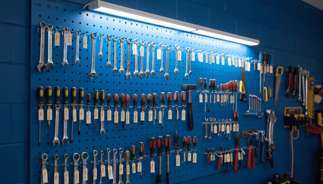Detail of organized pegboard with labeled tools in a garage