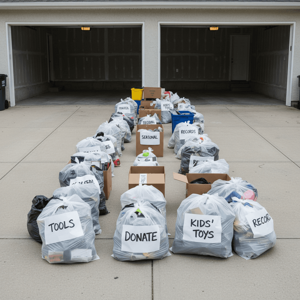 Items removed and sorted into bags during garage organization