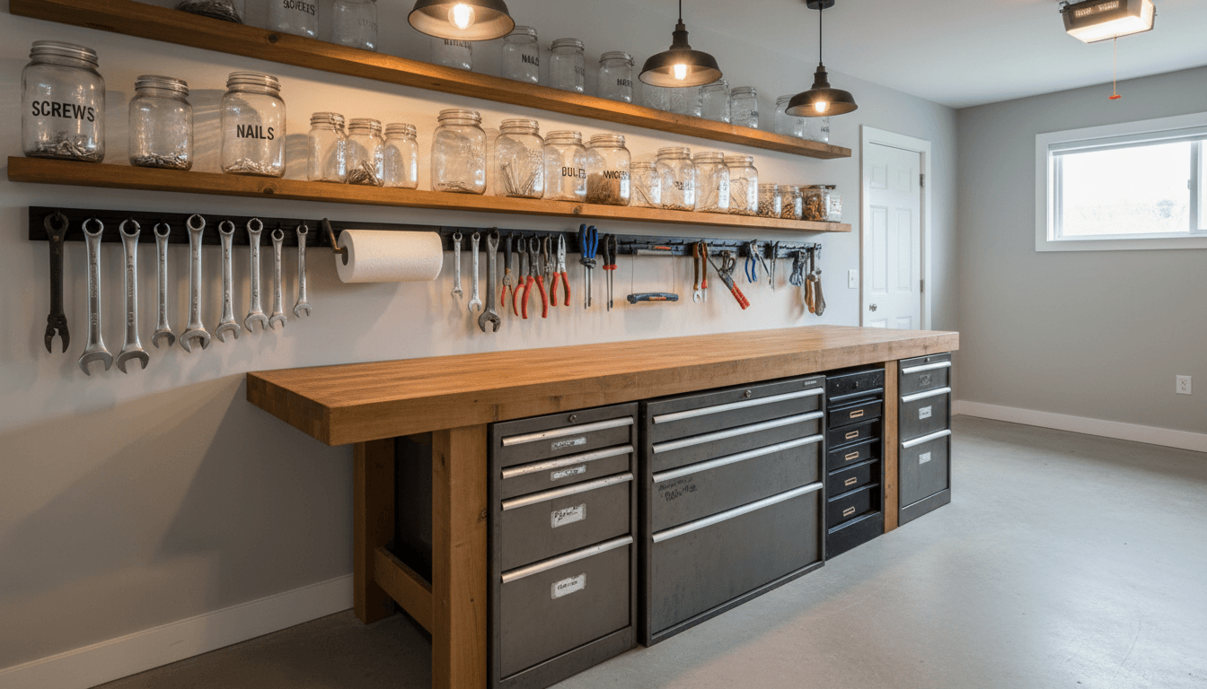Garage transformed into a neat workshop with workbench and organized tools