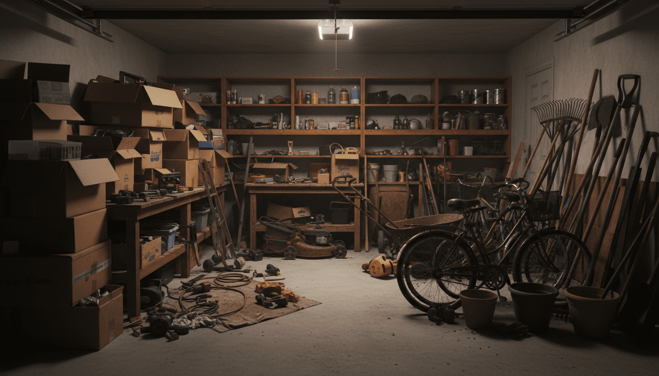Cluttered garage before cleaning with boxes and tools scattered everywhere