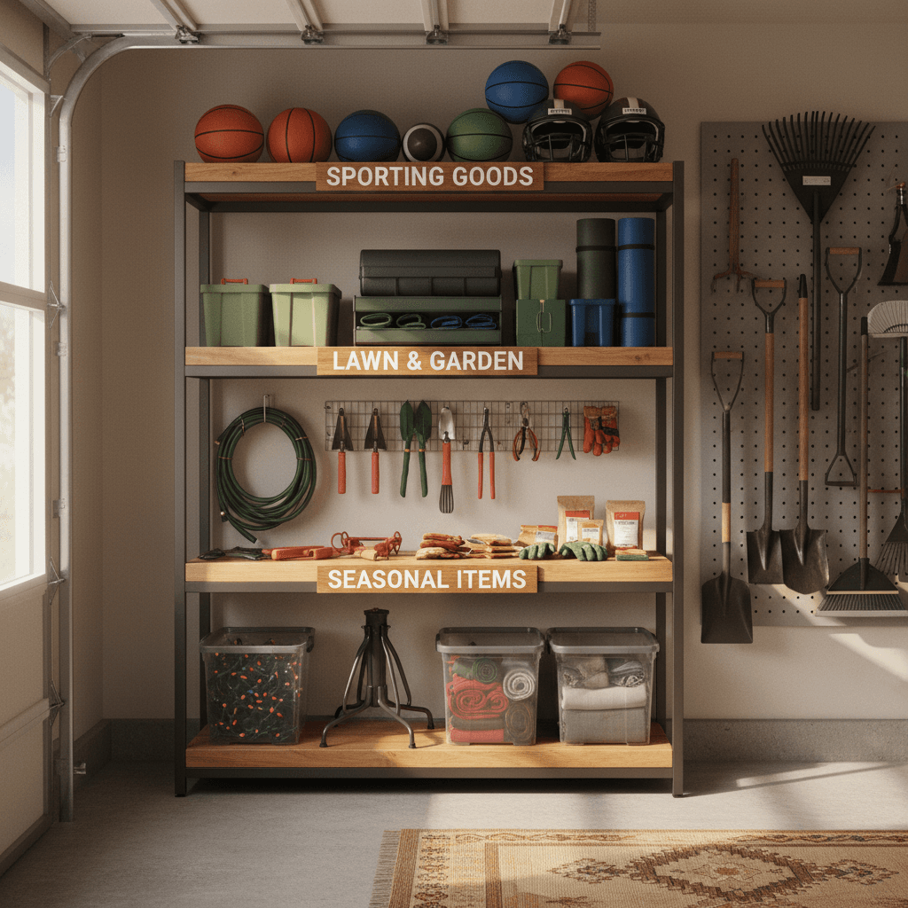 Organized garage with items sorted by category and function