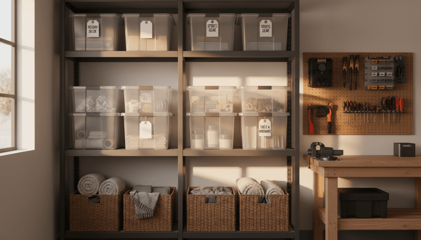 Organized shelving with labeled storage bins in a clean garage